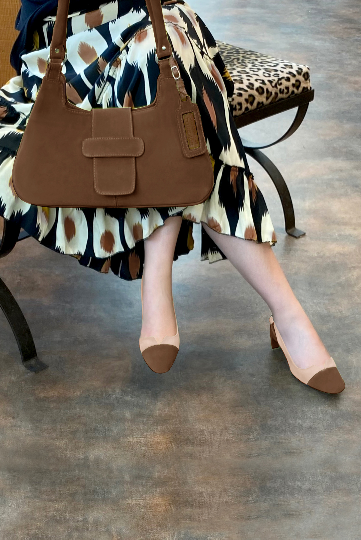 Chocolate brown and biscuit beige women's slingback shoes. Round toe. Medium comma heels. Worn view - Florence KOOIJMAN